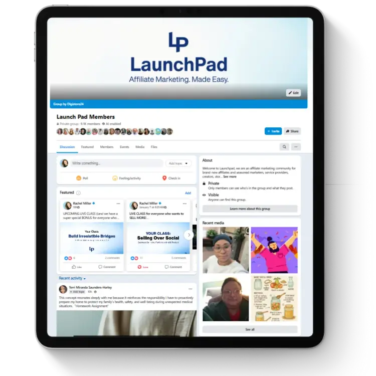LaunchPad private Facebook group shown on a tablet