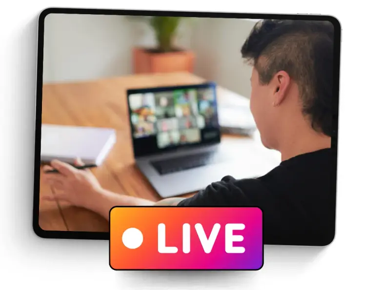 Person joining a live video training call with a live badge